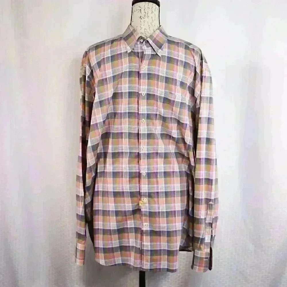 Peter Millar Shirt Men's XL Blue/Green Plaid 100% Cotton Long Sleeve Button Down